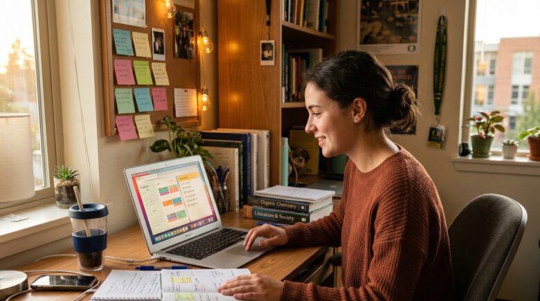 College student using free digital tools on laptop and smartphone to manage academic life