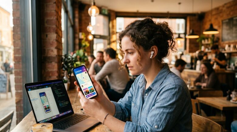 Freelance designer using phone mockup apps to send client previews on a smartphone