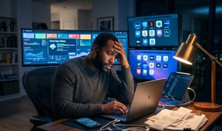 Person looking stressed at laptop surrounded by digital subscription notifications and unexpected charges representing hidden costs going digital