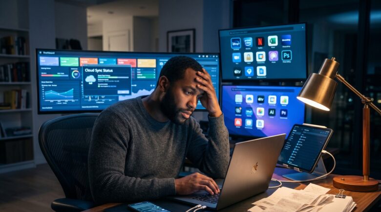 Person looking stressed at laptop surrounded by digital subscription notifications and unexpected charges representing hidden costs going digital