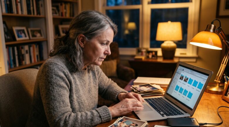 Person organizing and building a personal digital archive on a laptop with external hard drives and cloud storage icons