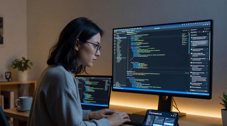Indie developer using an AI app development workflow to ship a production-ready app on a laptop