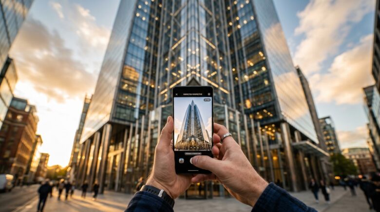 Mobile lens distortion correction app straightening architecture photo on smartphone screen