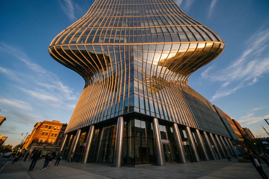 Smartphone screen showing keystone correction sliders applied to a tall skyscraper photo