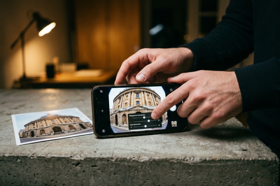 Overhead view of a tablet displaying overcorrected versus properly corrected architecture photo side by side
