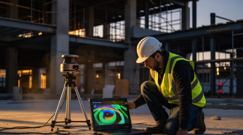 Engineer calibrating a LiDAR sensor mounted on an autonomous vehicle in an outdoor real-world environment