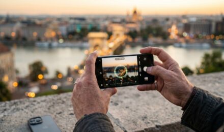 Side-by-side comparison of a manual camera app and default iPhone Android camera interface on a smartphone