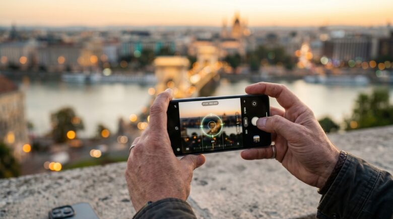 Side-by-side comparison of a manual camera app and default iPhone Android camera interface on a smartphone