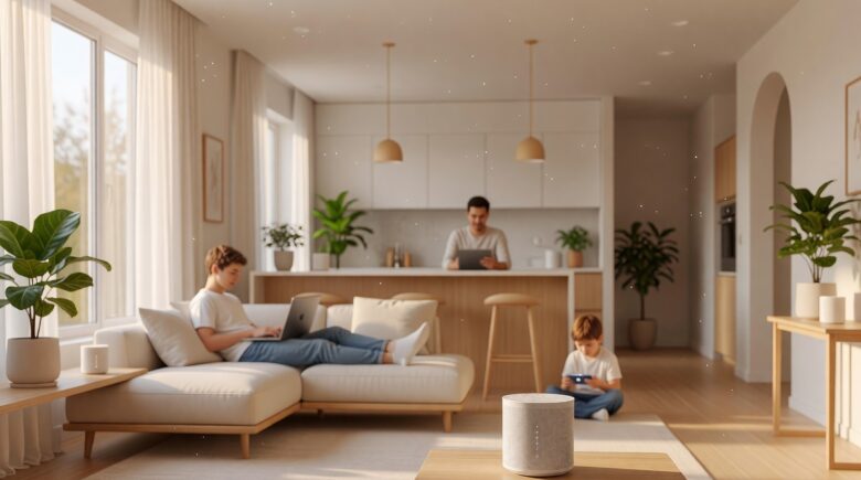 Mesh wifi network nodes placed around a modern home providing whole-home wireless coverage