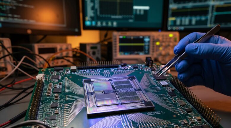 Close-up illustration of a neuromorphic chip designed to mimic the human brain's neural architecture