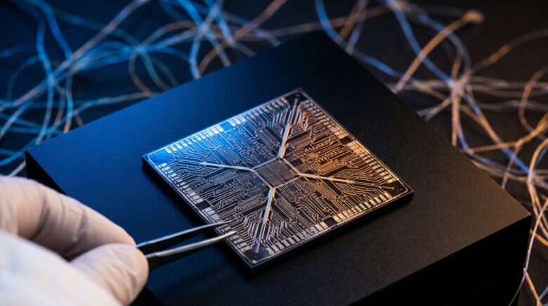 Close-up illustration of a neuromorphic chip designed to mimic the human brain's neural network structure