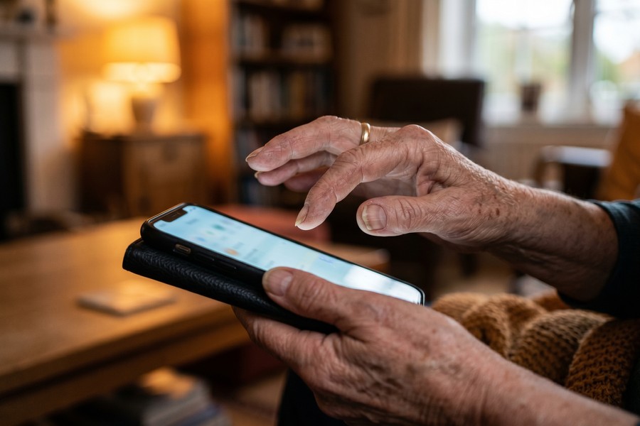 An older adult using a tablet with large text accessibility settings enabled