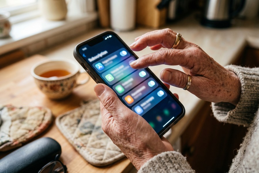 Senior woman video calling her family on a tablet using FaceTime app