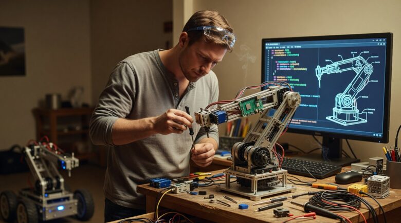 Hobbyist working on an autonomous robot using open source robotics kits in a home lab