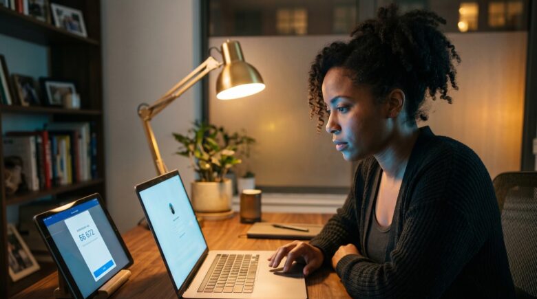 Person securing digital accounts using password manager alternatives on a laptop and smartphone