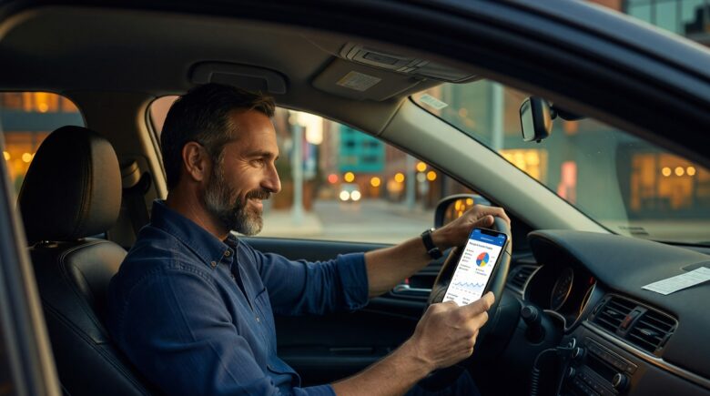 Gig driver using a phone expense tracker app to log miles and deductions for tax season