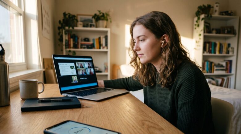 Remote student using phone focus apps to block distractions during an online class session