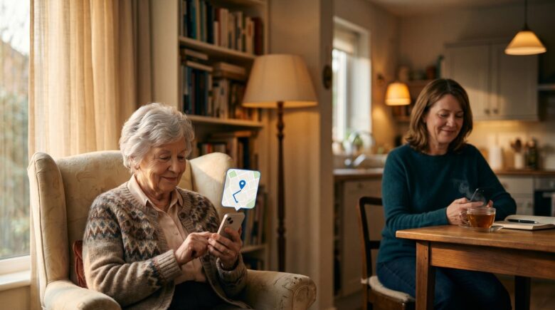 Adult child checking phone location sharing app to monitor elderly parent's whereabouts