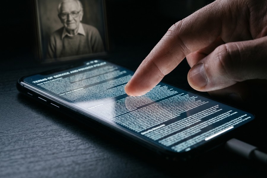 Adult daughter reviewing phone location sharing app settings with her elderly mother at kitchen table