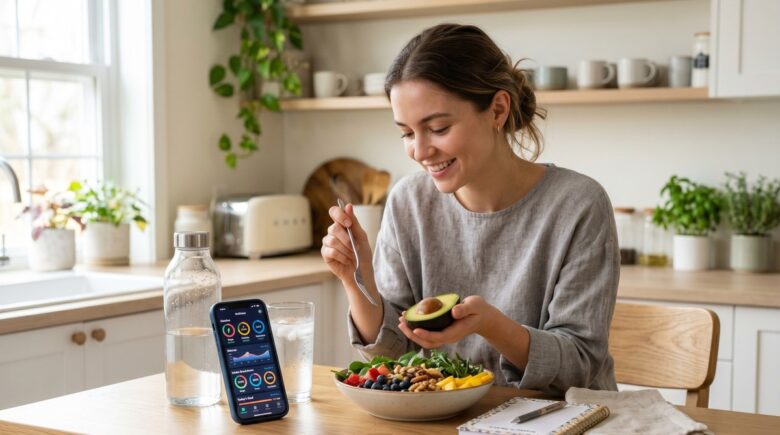Person using phone nutrition tracker apps to log daily water and meal intake