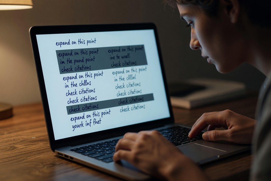 Close-up of color-coded PDF annotations on a student essay viewed on a smartphone