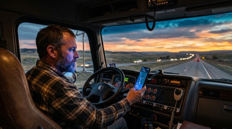 Truck driver using a phone route optimizer app on a smartphone to plan a long-haul route and reduce fuel costs