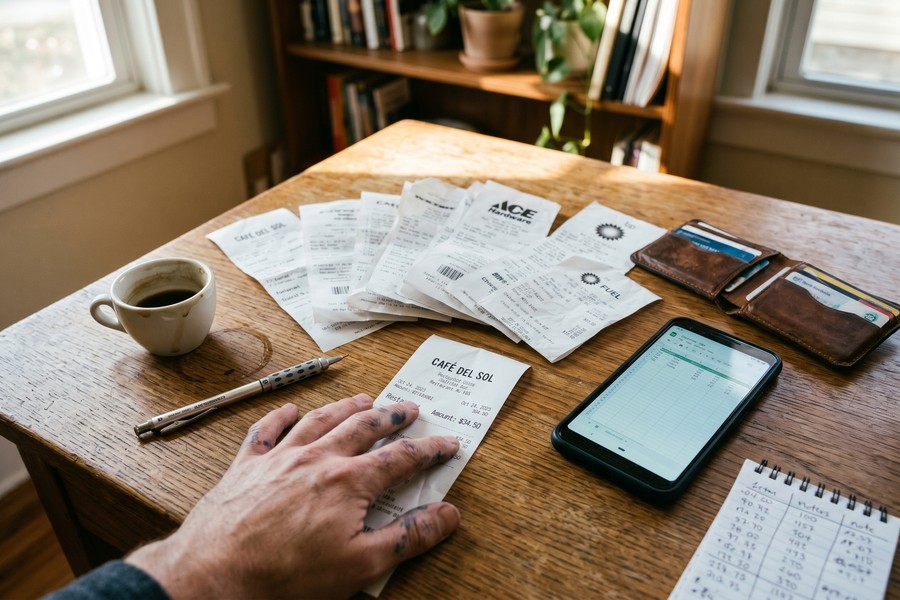 Close-up of a smartphone displaying a scanned receipt with expense tracking app integration