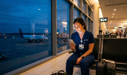 Traveling nurse using a phone scheduling app to manage shift changes across time zones