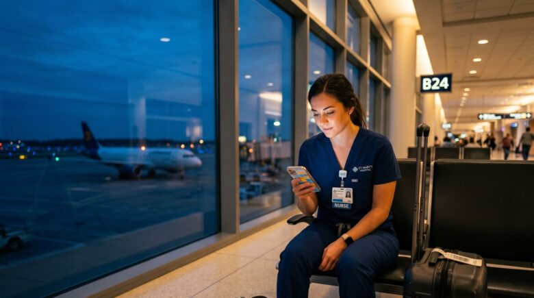 Traveling nurse using a phone scheduling app to manage shift changes across time zones