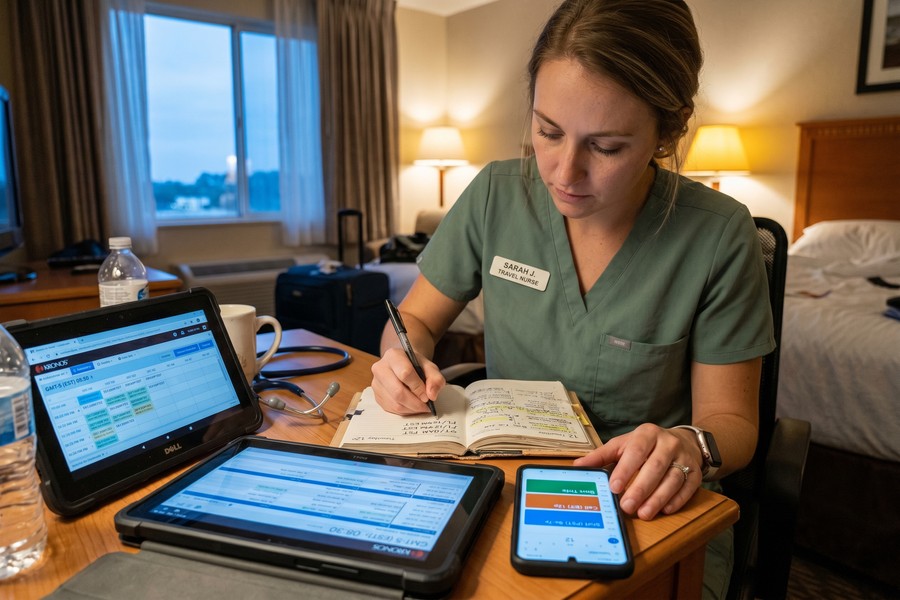 Traveling nurse reviewing shift schedule on smartphone app showing multiple time zones