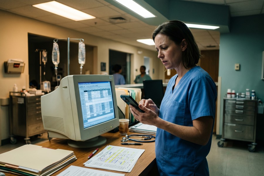 Nurse coordinator using tablet and smartphone simultaneously to manage multi-facility shift schedules