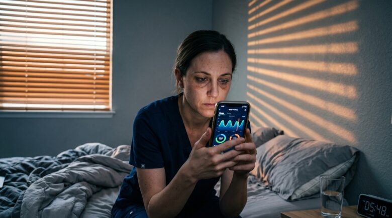 A nurse checking a phone sleep tracker app after a night shift to monitor irregular sleep patterns
