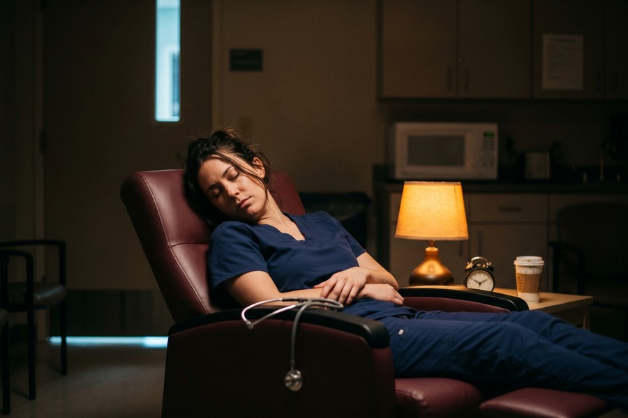 Smartphone on a nightstand displaying a sleep cycle chart for a shift worker