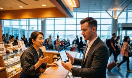 Business traveler using a phone translation app during a meeting abroad