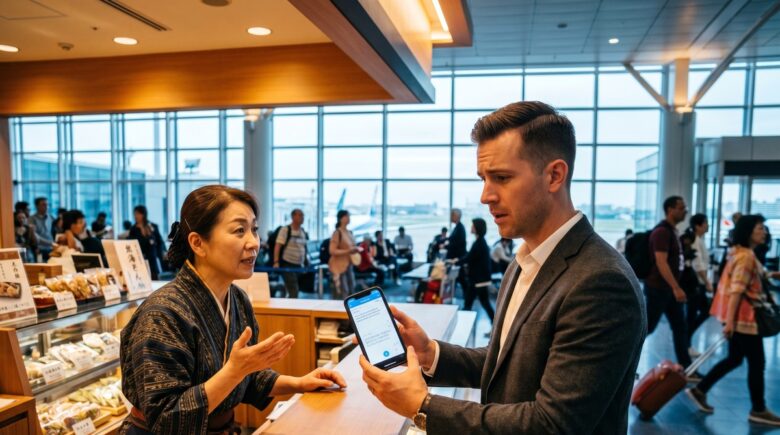 Business traveler using a phone translation app during a meeting abroad