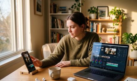 Side-by-side comparison of phone and desktop video editing setups on a workspace