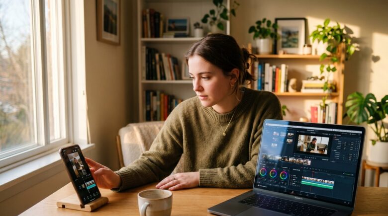 Side-by-side comparison of phone and desktop video editing setups on a workspace