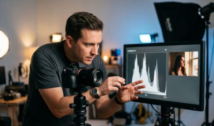 Side-by-side comparison of histogram and auto exposure tools in a mobile photo app
