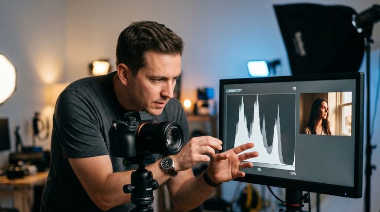 Side-by-side comparison of histogram and auto exposure tools in a mobile photo app