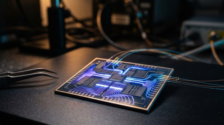 Photonic chip with light beams traveling through optical circuits on a blue technology background