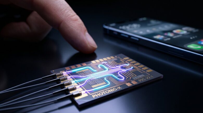 Illustration of a photonic chip transmitting light signals through fiber optic circuits on a circuit board