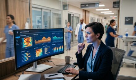 Healthcare administrator reviewing predictive AI dashboard to reduce hospital readmission rates