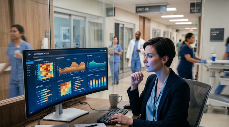 Healthcare administrator reviewing predictive AI dashboard to reduce hospital readmission rates