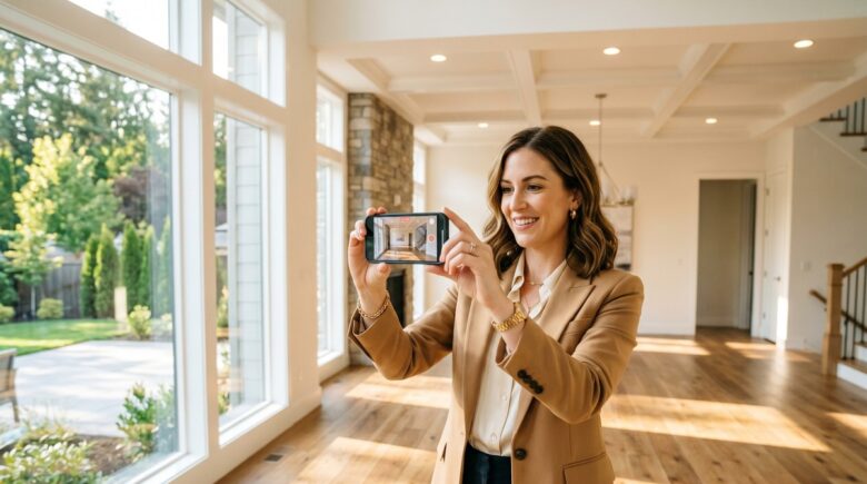 Real estate agent filming a property walkthrough video using a smartphone video app