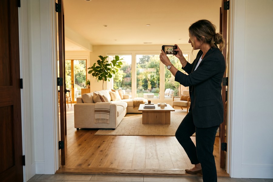 Real estate agent filming a kitchen walkthrough using a smartphone mounted on a gimbal stabilizer