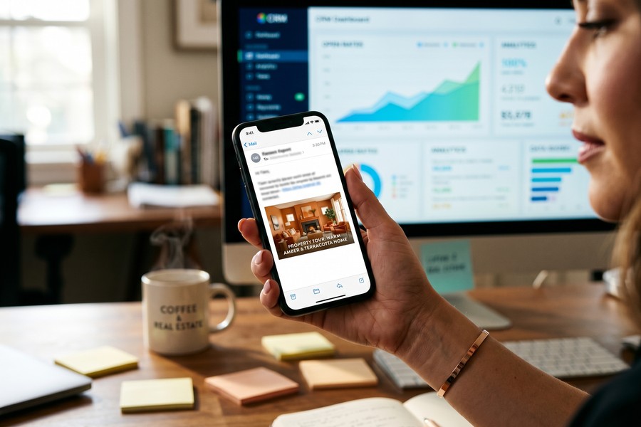 Split-screen showing the same property listing displayed across YouTube, Instagram, and a real estate website