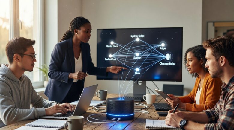 Remote startup team collaborating using mesh network technology on laptops