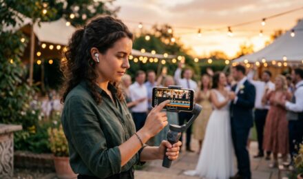 Event videographer editing a same day highlight reel app on a smartphone at a live event