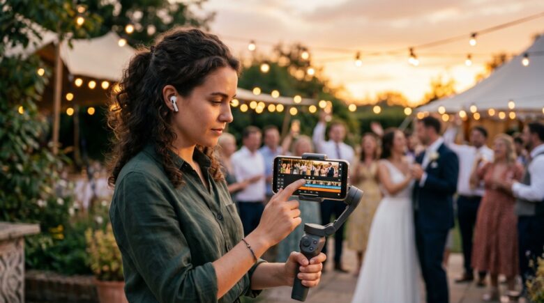 Event videographer editing a same day highlight reel app on a smartphone at a live event