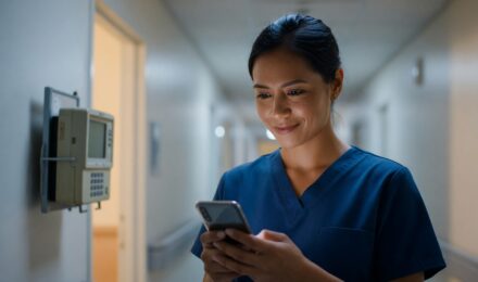 Healthcare worker using a secure messaging app on a smartphone to communicate with medical staff instead of a pager
